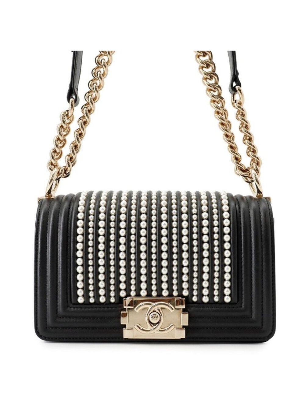 Chanel Chain Shoulder Bag Boy Small Quilted CC Logo Faux Pearl Leather Black